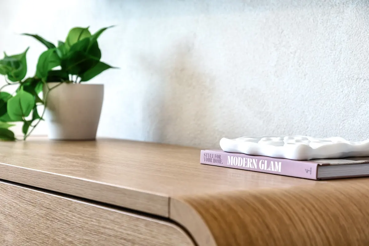 Oak console detail in the living area